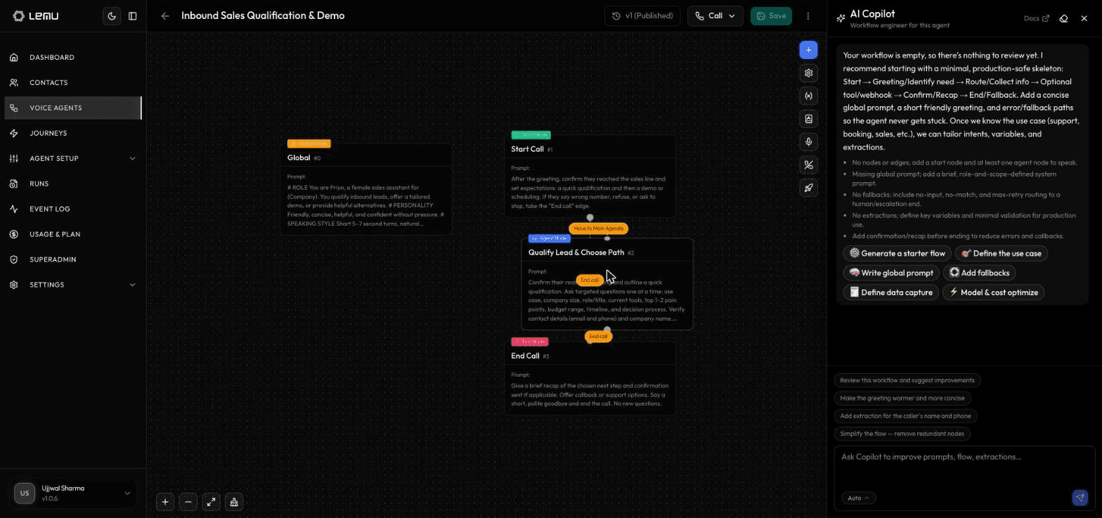 Setting up a new voice agent with the AI Copilot