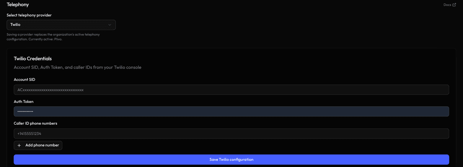 Telephony configuration showing the Twilio provider selected