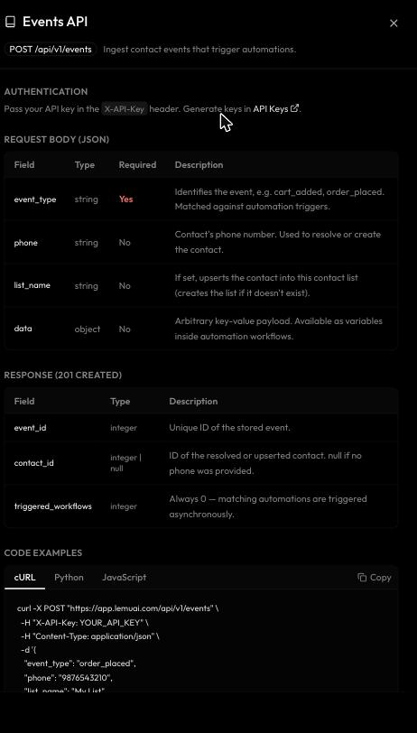 In-app Events API reference panel with request fields and a cURL example